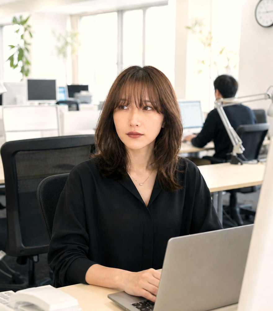 デスクでノートPCに向かう事業マネージャー